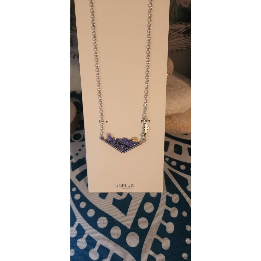 Necklace Unplug by Hildie & Jo mountain sunset trees bird silver necklace new